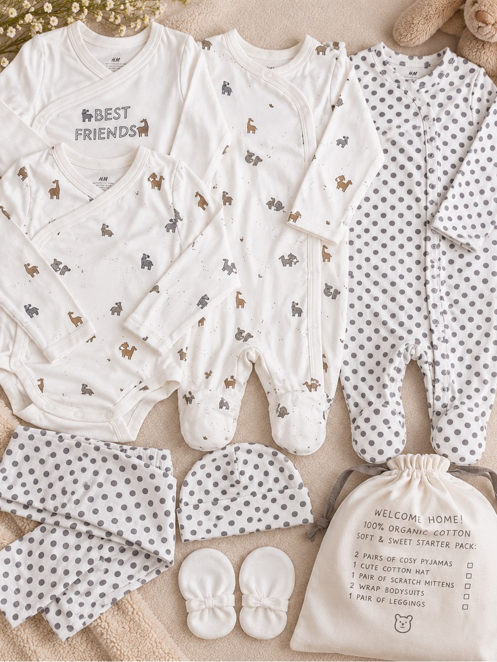 NWT GIFT 9m H&M White & Gray Baby boy girl Set with Animals 9 pc